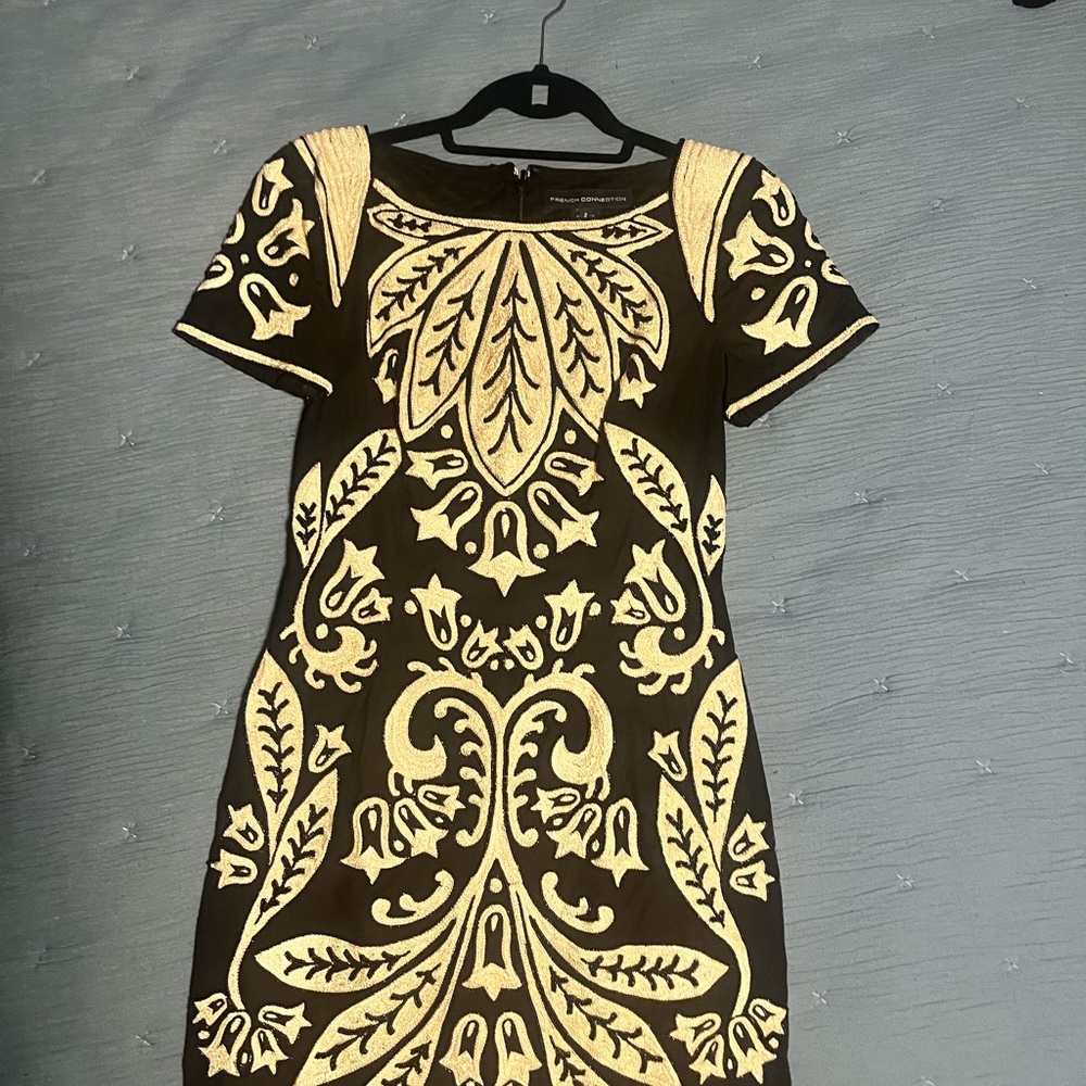 French Connection Gold and Black Sheath Mini Dress